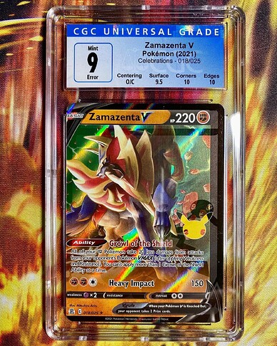 Celebrations quadruple error Zamazenta V (miscut front; upside down back; inverted Surfing Pikachu holofoil)