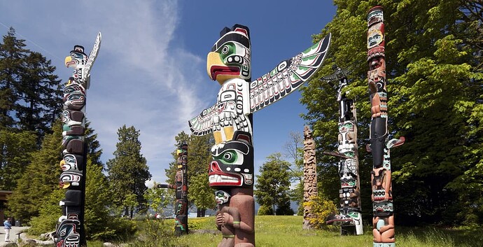 The Totem Poles of Stanley Park representing different Tribes