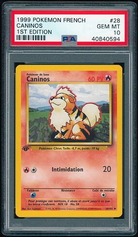 28 of 102 - Growlithe (Caninos) - French 1st Ed - PSA 10 - Front