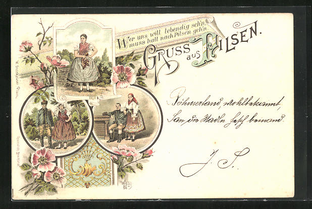 Lithographie-Pilsen-Plzen-Paare-und-Maedchen-in-Tracht